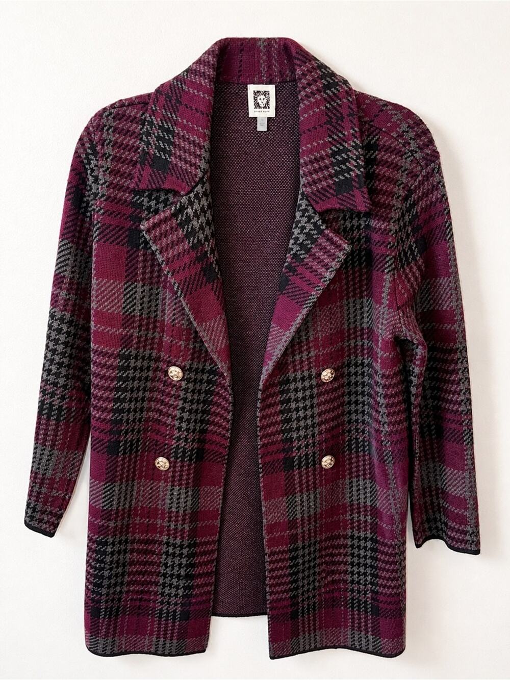 Anne Klein Plaid Open Front Cardigan Blazer Burgundy Black Size Small NWT